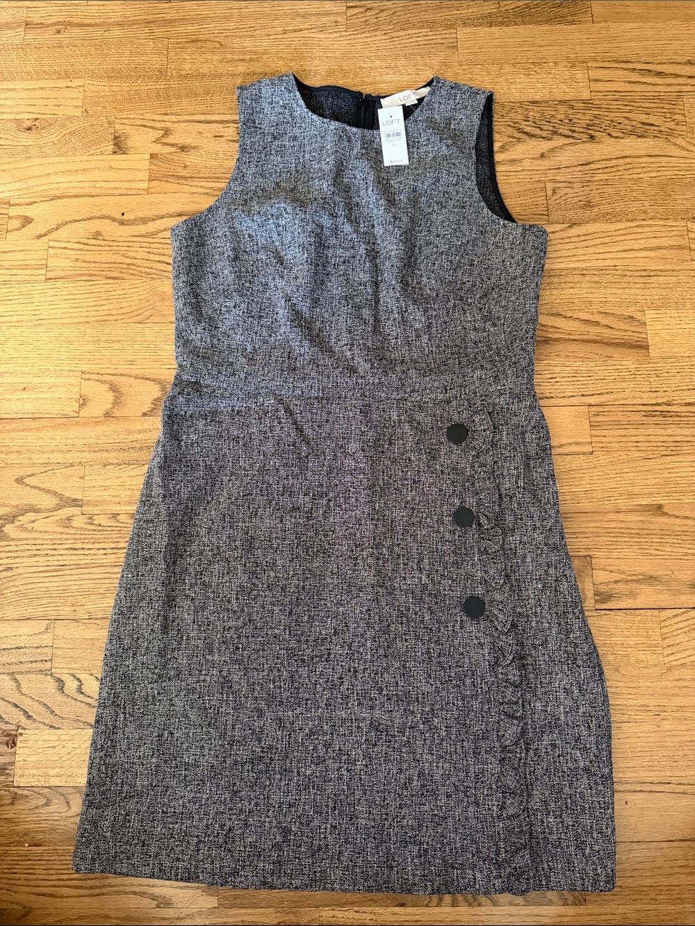 LOFT Sleeveless Gray Tweed Midi Dress with Button Detail